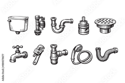 Hand-drawn plumbing equipment, isolated on a white background, includes pipes, tools, faucets, and fittings, ideal for illustrating plumbing services, repairs, or renovations.