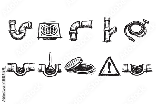 Black and white hand drawn plumbing sketches display pipes, drain, plunger and sewer line for plumbing or repair projects, DIY or technical illustrations.
