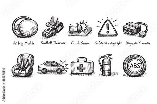 Hand-drawn sketch set featuring car safety elements, including airbags, seatbelts, warning lights, and emergency supplies, shown in black and white.