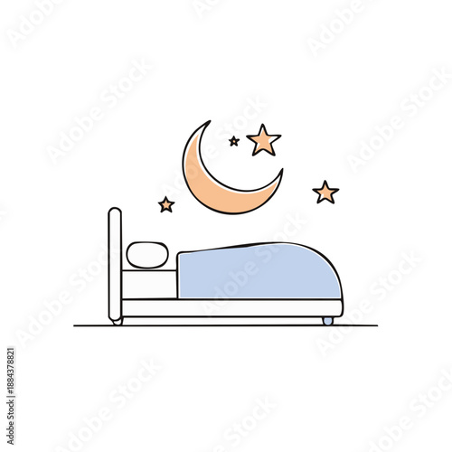 Stylized Bed with Pillow and Blanket Under Crescent Moon and Stars