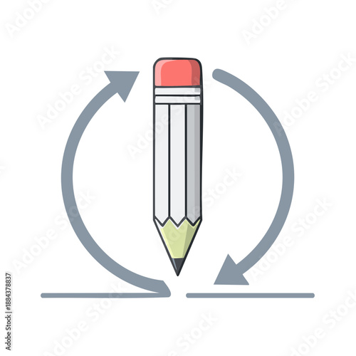 Pencil icon with circular arrows showing rewrite process for revision or editing, emphasizing feedback loop and concept iteration