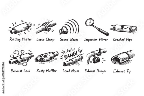 A hand-drawn sketch illustration depicts common automotive exhaust system problems like rattling mufflers, loose clamps, cracked pipes, and exhaust leaks. Diagnostic and repair concept.