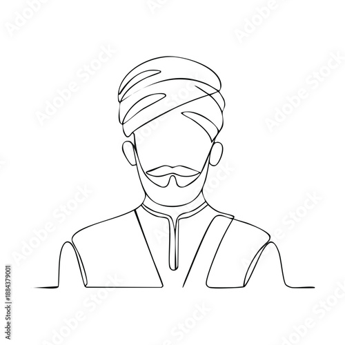 Single line drawing portrait man in turban, modern minimalist ethnic style