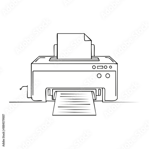 Minimalist Line Drawing: Printer Device Outputting Paper, Office Equipment