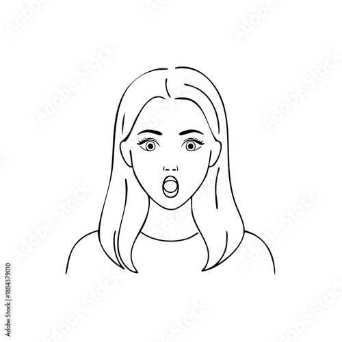 Illustration of a surprised girl with a shocked expression on her face, woman with mouth open and wide eyes