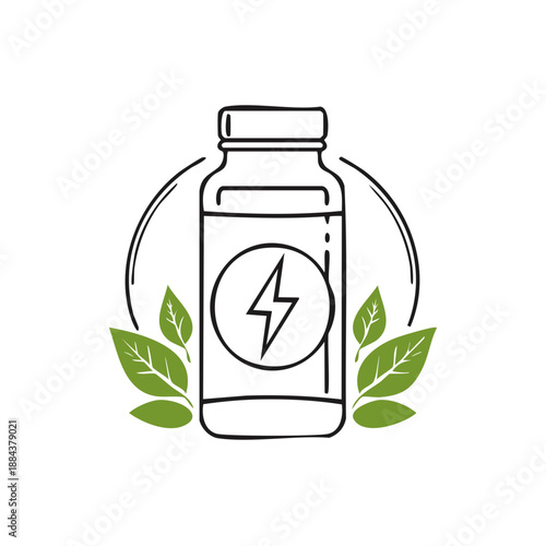 Energy drink bottle vector illustration with green leaves for nutrition products and supplements