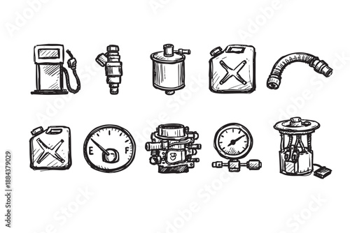 Hand-drawn style sketches illustrate fuel pump, can, gauge, filter and other auto parts. Ideal for mechanics, car enthusiasts, service or maintenance content.