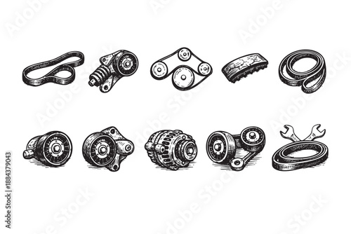Hand-drawn illustration of various car parts, including belts, tensioners, and an alternator on white, useful for auto repair and design projects.