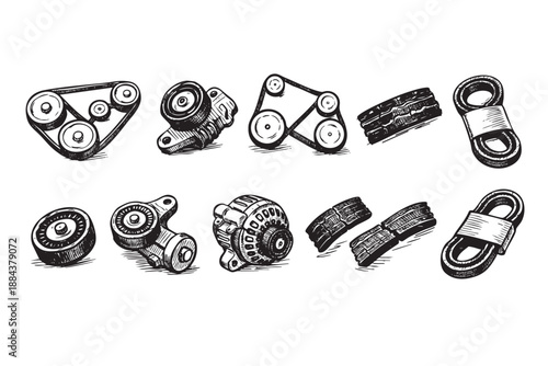 Black and white drawing of car parts, including belts, pulleys, tensioners, and an alternator, in a sketchy, illustrative style.