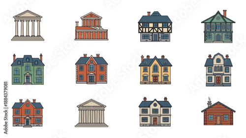 Collection of various house styles icons.