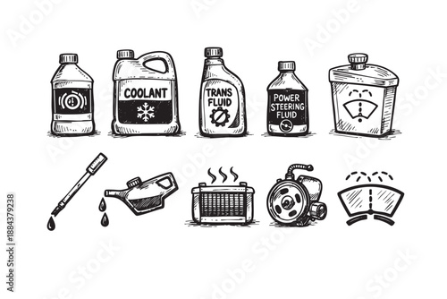 Hand drawn sketch featuring automotive fluids and car parts on a white background, perfect for illustrating automotive concepts and maintenance.