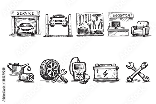 Car service sketch icon set showing auto repair and customer reception, done in monochrome artistic hand-drawn style, for themes relating to vehicle maintenance and repair.