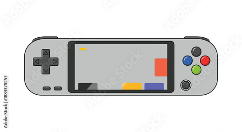 Portable gaming console with colorful retro game on screen