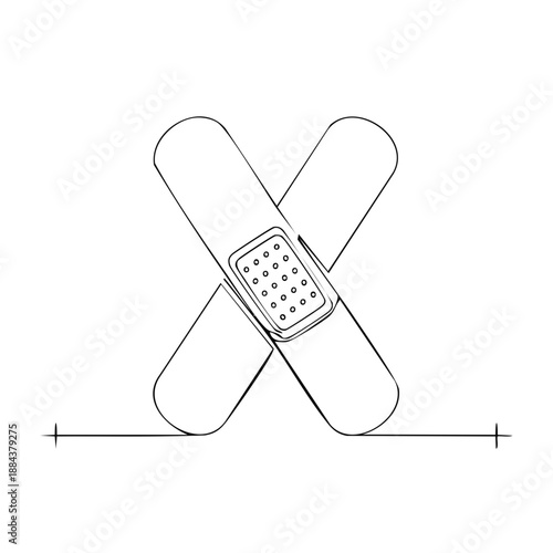 Two adhesive bandages forming an X, minimalist illustration representing injury or healing, first aid concept