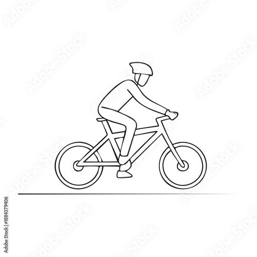 Simple line art drawing of bicyclist wearing helmet on bicycle outline style for exercise and healthy lifestyle