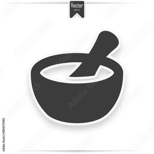 Mortar and pestle glyph icon. Drop shadow naturopathy silhouette symbol. Alternative herbal medicine. Negative space. Vector isolated illustration