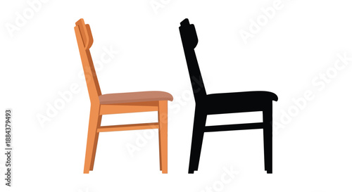 Two chairs, one orange and one black silhouette, facing the same direction on a white background.