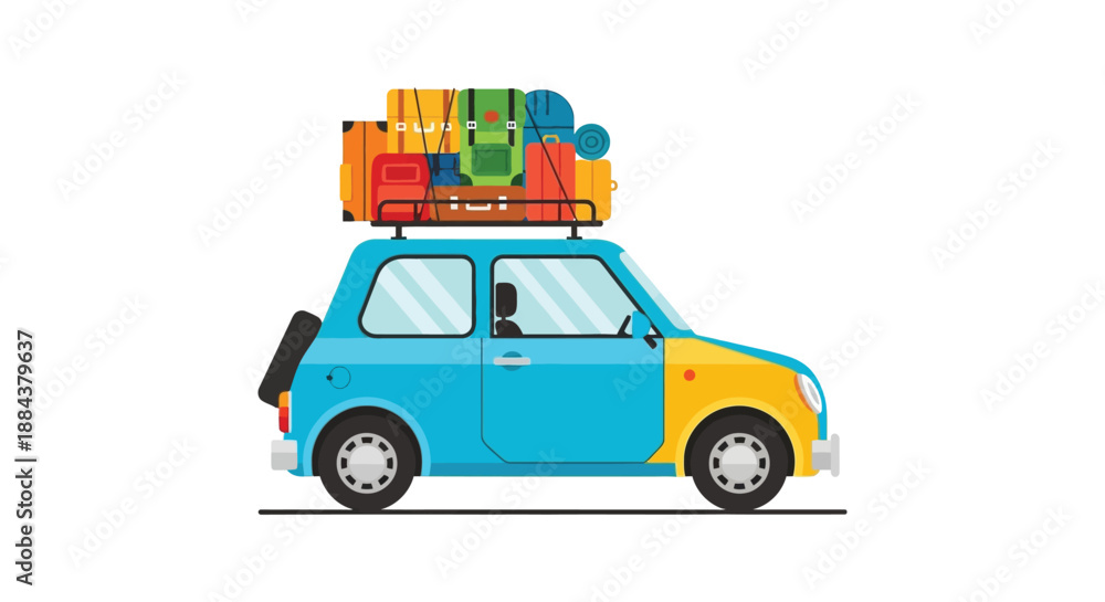 Fototapeta premium Brightly colored car packed with luggage on roof rack ready for a road trip adventure.