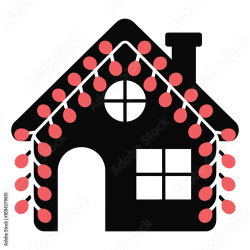 Winter cottage silhouette with decorative glowing light bulbs festive holiday house icon for seasonal greeting cards and web design element simple black residential building vector art