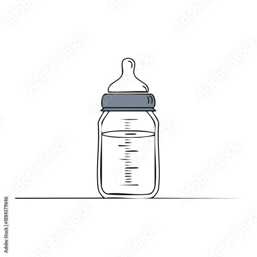 Illustration of a baby bottle with a cap and liquid inside, depicted with a line art style suitable for design elements and creative projects