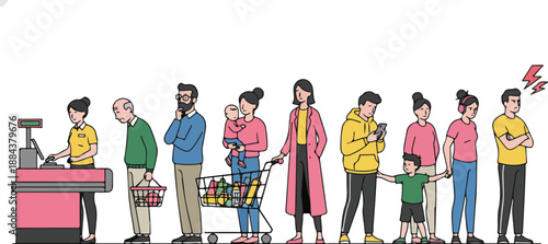 Diverse group of people waiting in a grocery store checkout line.