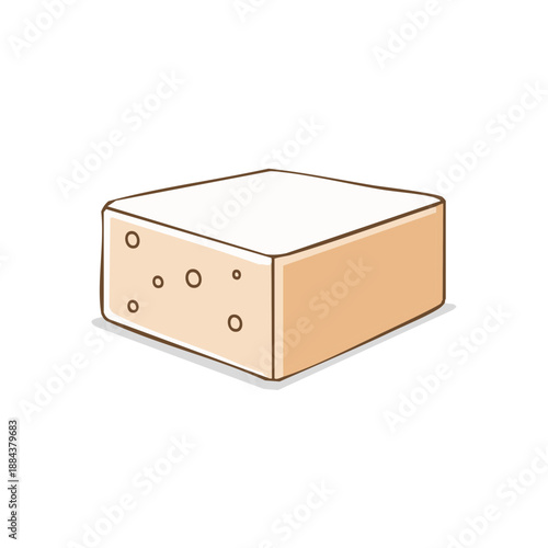 Cartoon style single block of firm tofu, isometric view illustration on white background, simple hand drawn soy curd product
