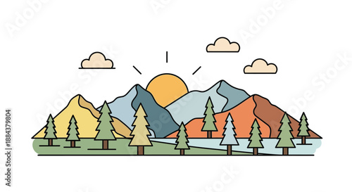 Serene mountain landscape with sunrise and pine trees