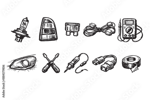 Black and white sketch illustration featuring car parts and electrical tools like fuses, bulbs, screwdrivers, and wires for auto repair.