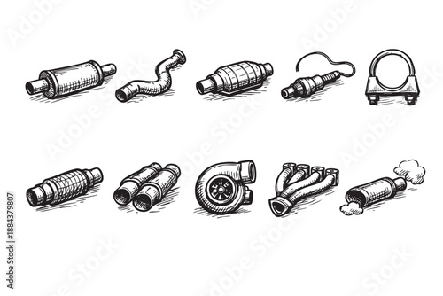 Black and white hand-drawn illustration of car exhaust system parts, including muffler, pipe, turbo, headers, and clamp on a white background, suitable for automotive content.