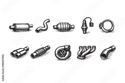 Illustration of various car parts, including a muffler, pipes, turbocharger, and spark plug, sketched in black on a white background. For automotive, design, and engineering contexts.