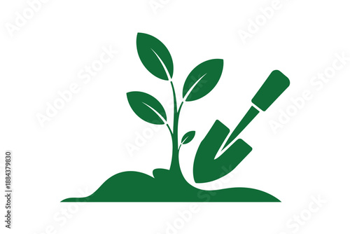 A green plant growing in the ground with a shovel next to it, symbolizing gardening and growth.