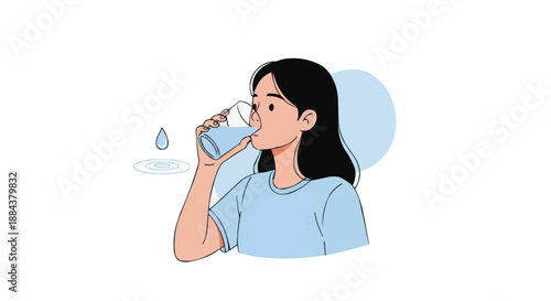 A healthy young woman staying hydrated by drinking a refreshing glass of clean water, promoting wellness and daily hydration habits in a simple, modern illustration