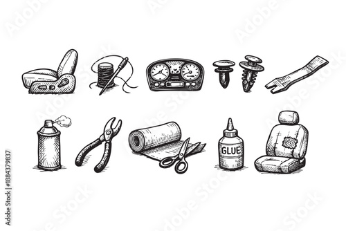 Hand-drawn sketch of car restoration tools and supplies including seats, dashboard, fasteners, glue, paint, fabric, and tools for repairs.
