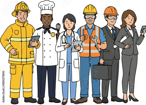 Diverse group of professionals in a line illustration.