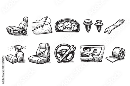 Hand-drawn sketch illustration set depicting car repair, maintenance, and cleaning elements on a white backdrop, suitable for creative designs or illustrations.