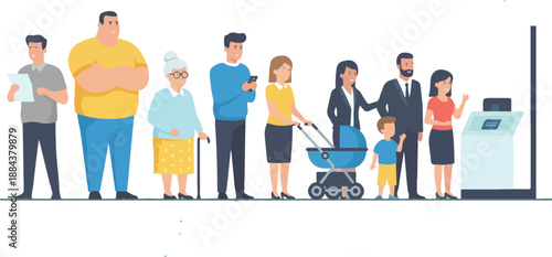 Diverse group of people of various ages and backgrounds waiting in line at an ATM.