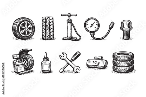 Hand-drawn sketch illustration of car tires, tire tread, pump, tools, and weights on a white background, ideal for automotive or mechanic themes.
