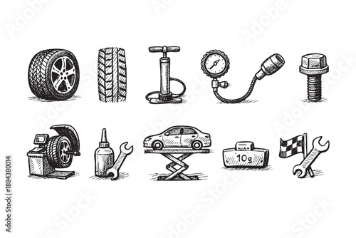 Black and white drawing shows a collection of auto repair tools and equipment, evoking vintage garage services or a DIY repair project, presented in a hand-drawn, sketched style.