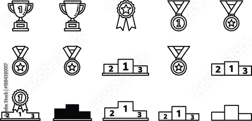 Award and Winner Icons Set, Trophy Medal and Podium Outline Vector Collection, Achievement Ranking Success Symbols in Black and White Line Style
