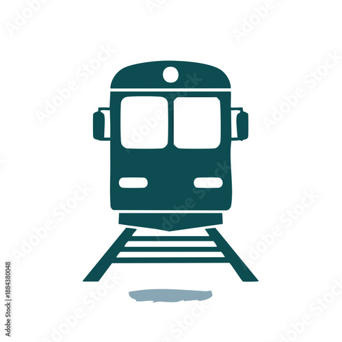 Front view of train speeding down the tracks in teal illustration of train transport vehicle on railway with shadows