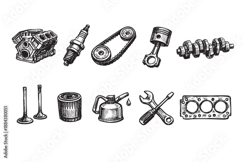 Hand-drawn sketch of various engine parts, including the engine block, spark plug, belt, and tools, set against a clean white background with a vintage feel.
