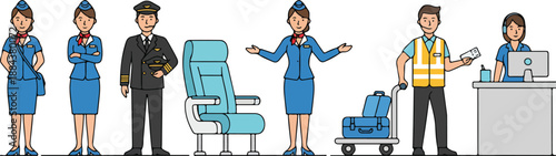 Diverse Airport and Airline Staff in Uniforms and Service Roles.