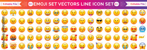 Set of yellow emoji and emoticon faces in vector graphic format on a transparent background. This collection represents a variety of emotions and expressions, perfect for digital designs. Vector icon.
