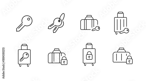 Minimalist icons of keys and luggage with locks for security themes
