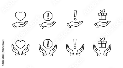 Icon set: hand gesture symbols with heart, warning, and gift box elements