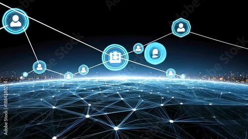 Circles display various connections above a digital landscape at night. Lines form a network of information exchange and interaction