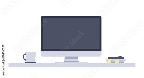 Clean desktop setup with computer, coffee mug, and notepad on a minimalist shelf.