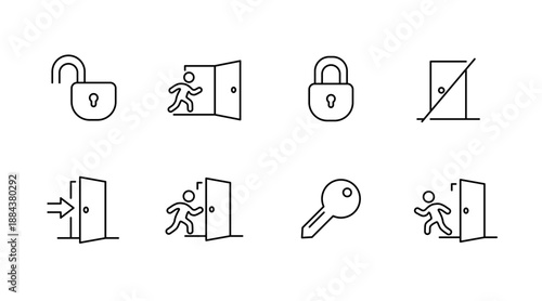 Set of security icons: locks, doors, keys, and exit symbols
