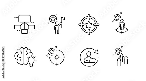 Simple line icons representing achievement, goal setting, and innovation concepts