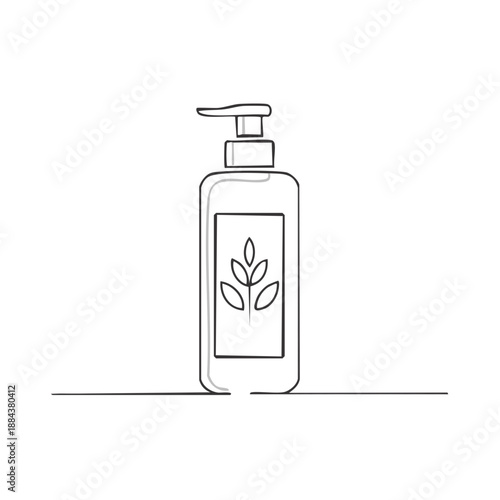 Minimalist line art illustration of a cosmetic pump bottle with a leaf design on the label for natural products.